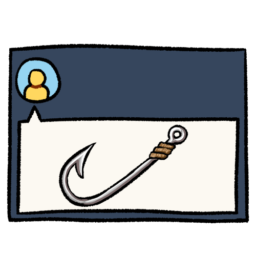 A drawing of a blue box containing a large white speech bubble pointing upwards at a small round profile picture of a plain emoji yellow person. Inside the speech bubble is a large silver fishhook.